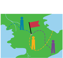 map with three dotted line paths ending at a flag and a figure on each path